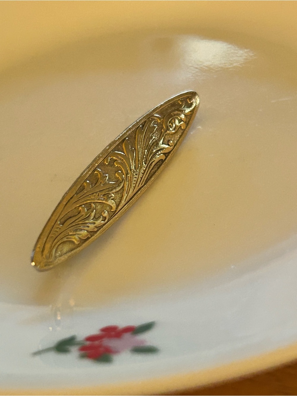 Gold-Tone Ornate Bar Pin - Decorative Floral Engraving